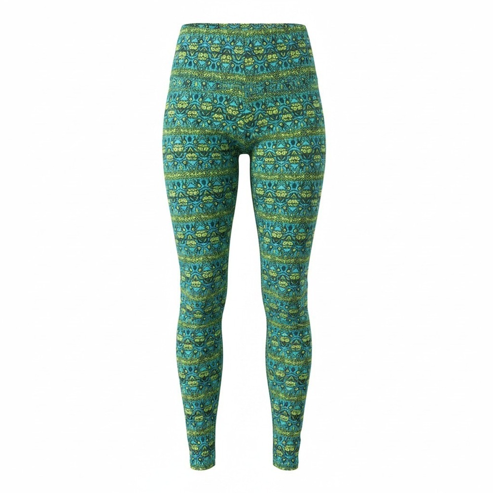 LuLaRoe Leggings One Size OS Teal Green Yellow Damask Geometric Print‎ Soft Pant